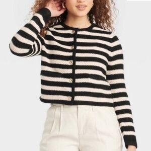 a new day Black and Cream Striped Button-Front Cardigan